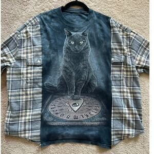 Black cat Ouija Board shirt, upcycled flannel t-shirt, Halloween spooky XL